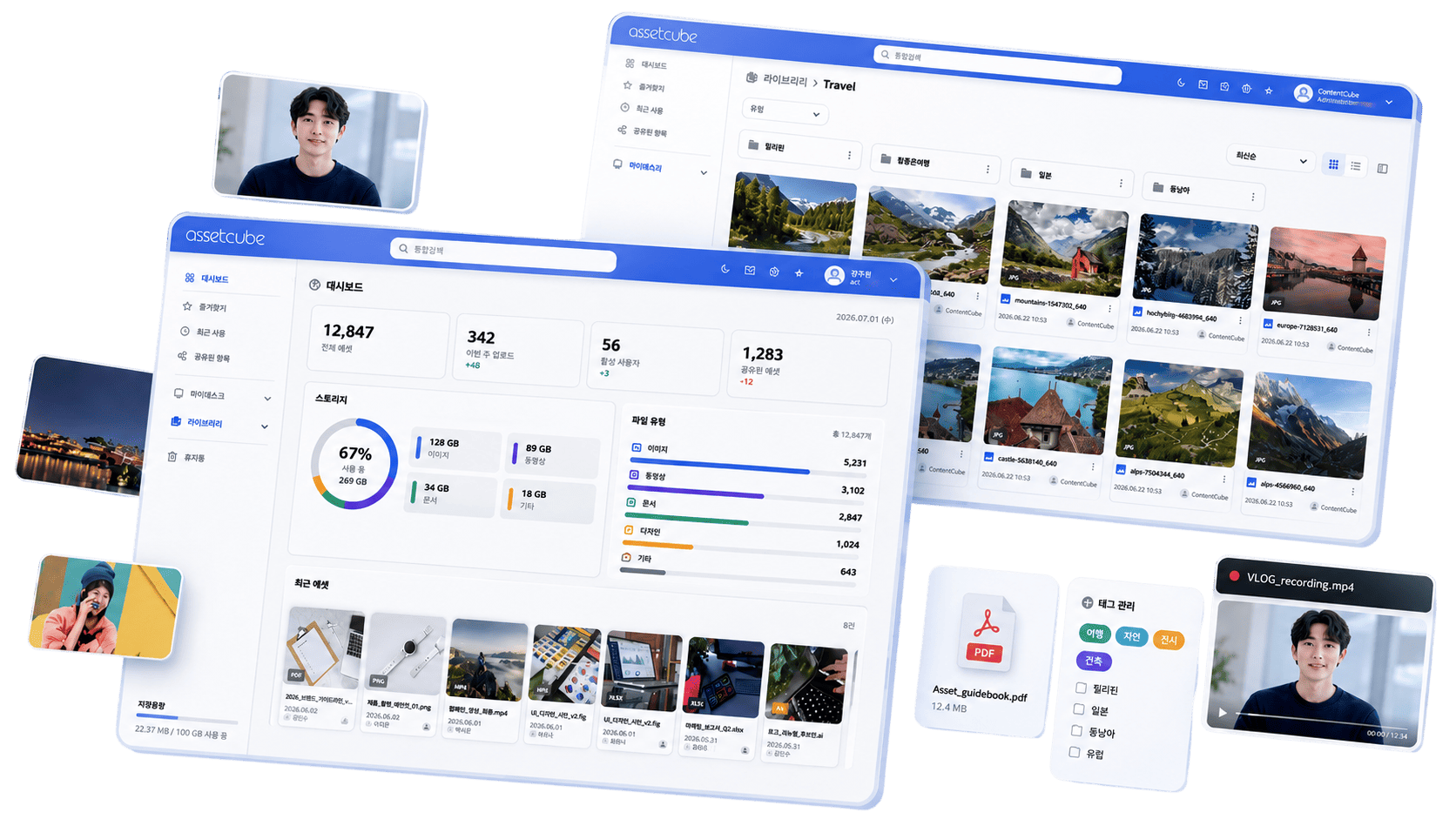 Asset Cube의 대시보드와 라이브러리 활용 화면